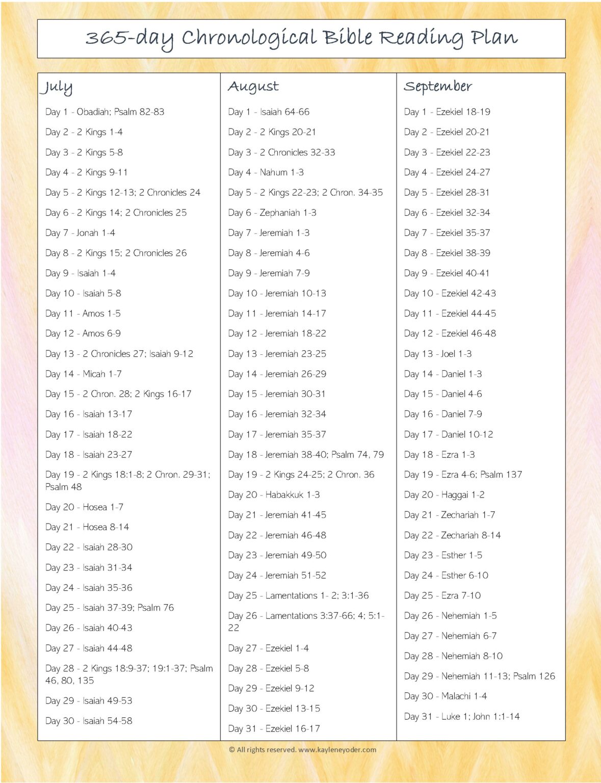 365 day Chronological Bible Reading Plan Kaylene Yoder