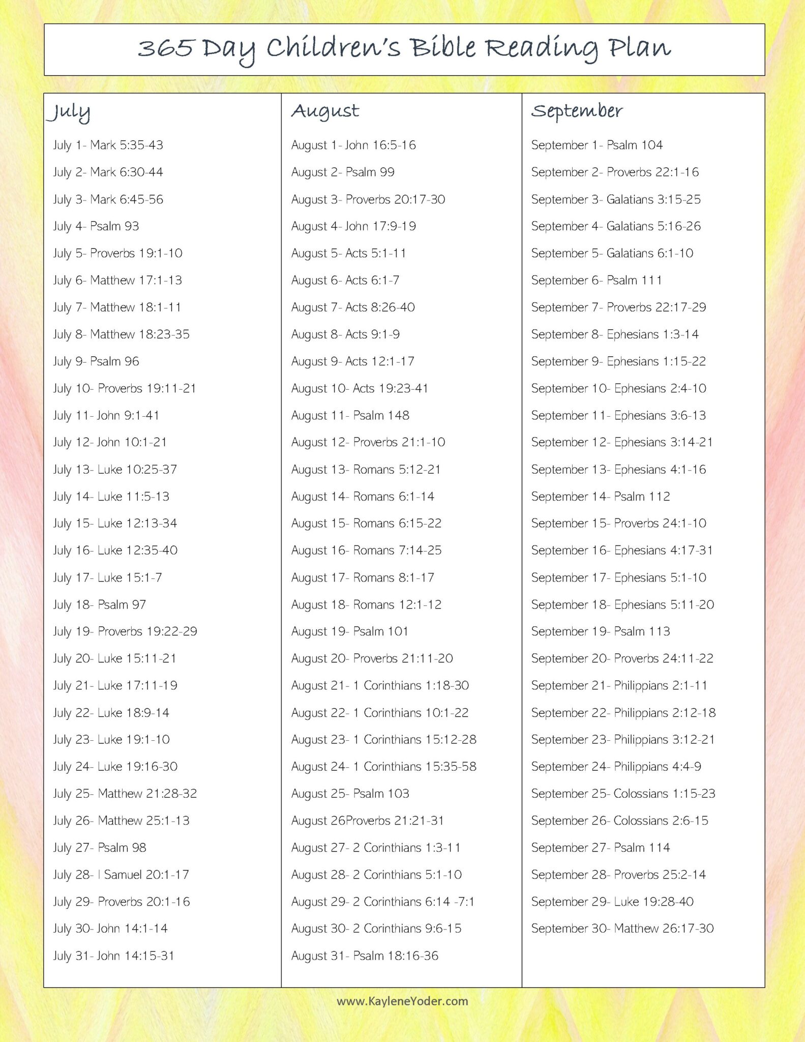 365 day Bible Reading Plan For Kids Kaylene Yoder